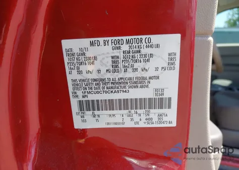 2012 Ford Escape Xls z USA, uszkodzony, nr VIN 1FMCU0C70CKA97943